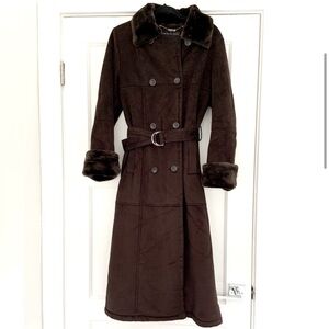 Dana Buchman Heavy Faux Fur Brown Long Belted Coat Medium Mob Wife Style Coat